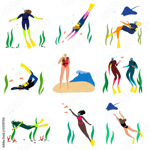 Set of underwater divers men and women characters in diving suits swimming with fish. Vector illustration in the flat cartoon style