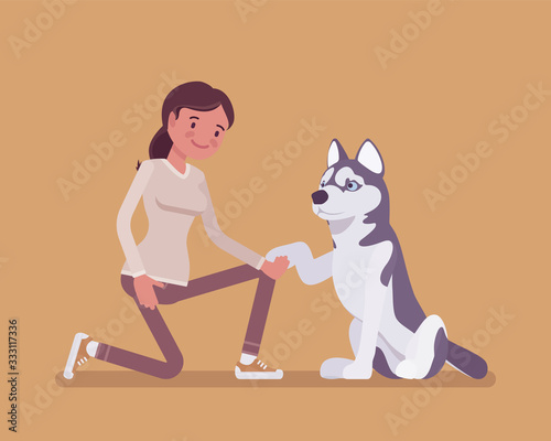 Girl with a pet dog friend. Happy girl teaching cute puppy giving paw shaking hand, human and animal friendship for comfort and support, playful life companion. Vector flat style cartoon illustration