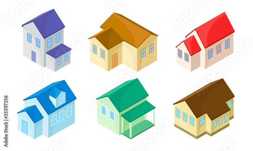 Isometric Houses and Buildings Isolated on White Background Vector Set