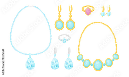 Necklace and Earrings with Gemstones Vector Set. Accessories for Women