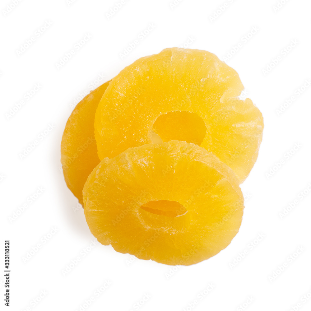 Heap of dried tropical pineapple fruit  isolated on white. Top view.