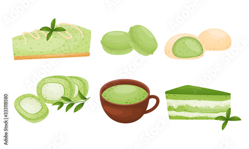 Green Mochi Cakes and Sweet Pastry with Tea Poured in Cup Vector Set