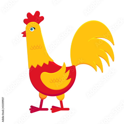 Yellow and red cock rooster flat style design vector illustration. Chicken farming poultry symbol icon sign. Domestic bird isolated on white background.