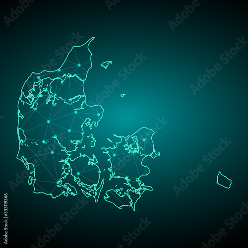 Map of Denmark. Wire frame 3D mesh polygonal network line, design sphere, dot and structure. Vector illustration eps 10. - Vector