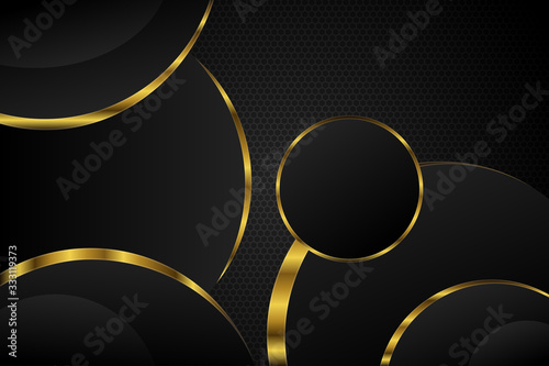 Abstract geometric circle shapes. Stylish background for your design. Modern  poly shape of circle style. Chaotic forms. Black and gold element. Polygonal random shapes. Vector illustration EPS 10