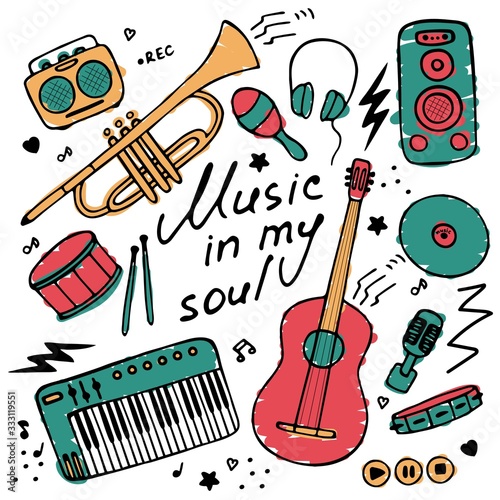Collection of hand-drawn icons. Musical theme. Icons of musical instruments. Hand-written inscription Music in my soul. Vector