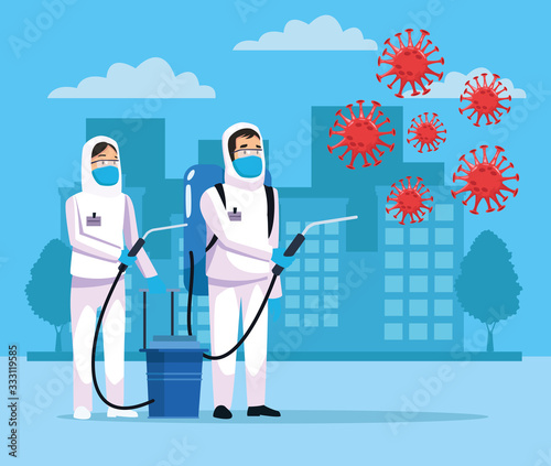 biohazard cleaning persons with sprayer and covid19 particles on the city