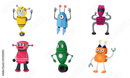 Funny Robots with Metallic Body and Limbs Moving Around Vector Set