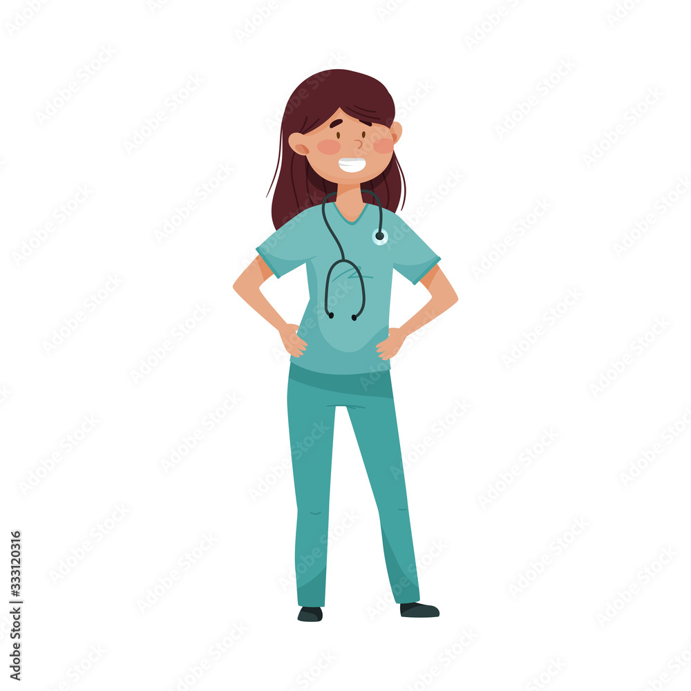 Smiling Woman Doctor with Stethoscope Hanging on Her Neck Wearing Medical Uniform Vector Illustration Smiling Woman Doctor with Stethoscope Hanging on Her Neck Wearing Medical Uniform Vector Illustration