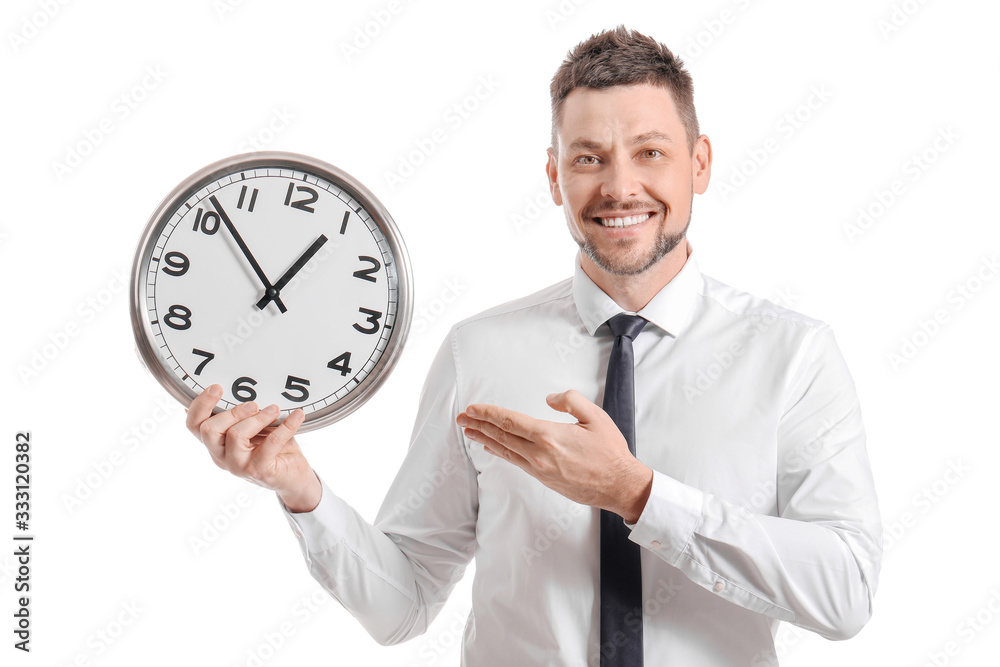 Businessman with clock on white background. Time management concept Businessman with clock on white background. Time management concept
