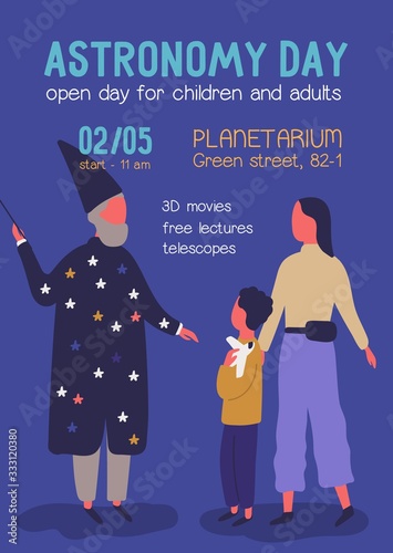 Astronomy day promo poster with place for text. Cartoon mother and son visiting planetarium talk with astronomical man isolated on blue background. Entertainment for kids and adults