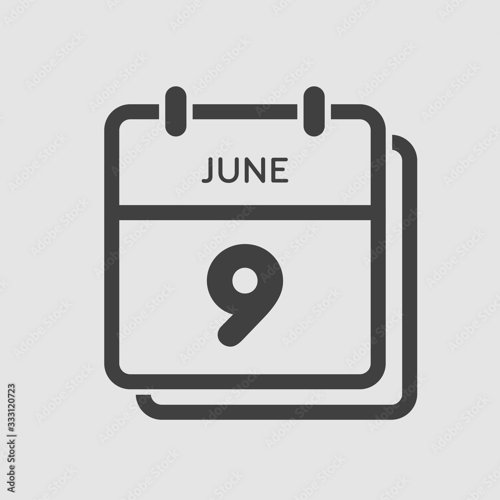 Icon calendar day 9 June, summer days of the year Icon calendar day 9 June, summer days of the year