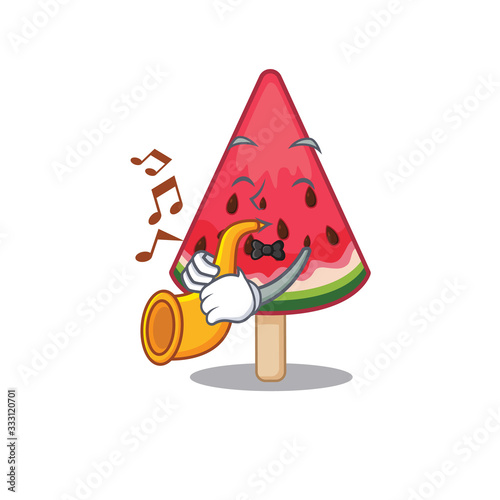 watermelon ice cream cartoon character design playing a trumpet