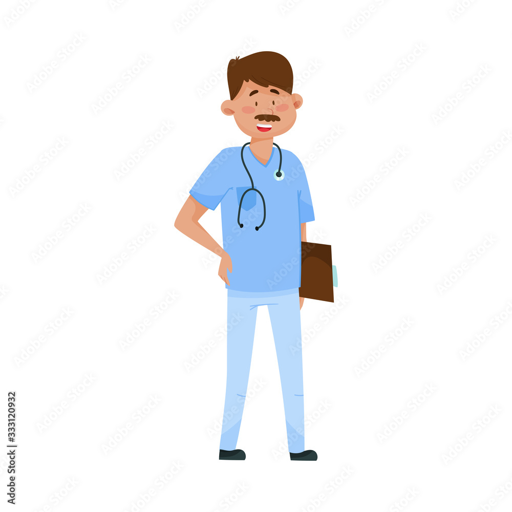 Dark Haired Man Doctor with Moustache and in Medical Uniform Standing and Holding Clip Board Vector Illustration Dark Haired Man Doctor with Moustache and in Medical Uniform Standing and Holding Clip Board Vector Illustration