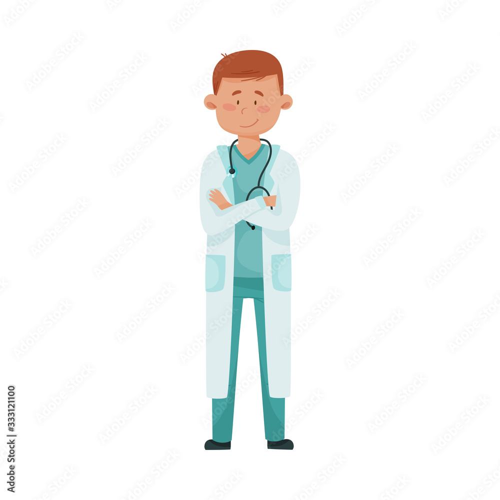 Young Man Doctor with Stethoscope and in Medical Uniform Folding His Arms on the Chest Vector Illustration Young Man Doctor with Stethoscope and in Medical Uniform Folding His Arms on the Chest Vector Illustration