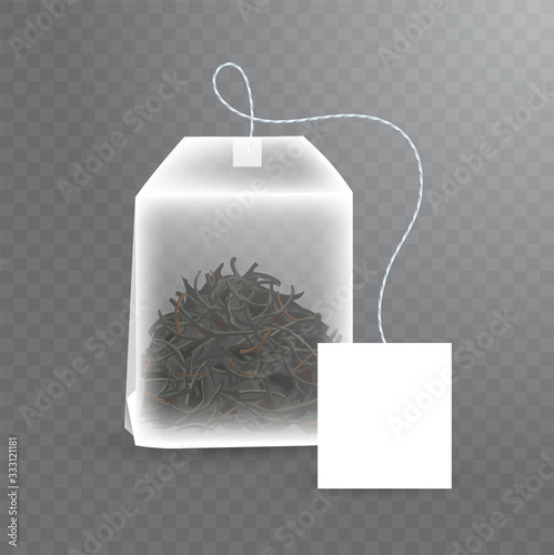Rectangle shaped tea bag mock up with black tea inside. Vector realistic illustration of teabag with empty white label isolated on transparent background.