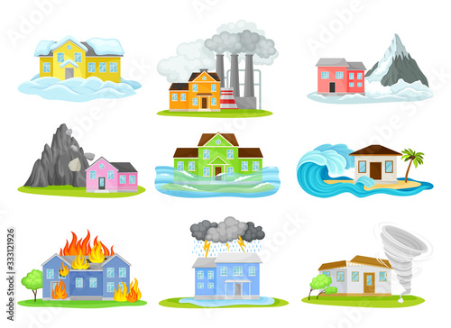 Houses Undergoing Natural Disasters Like Fire and Tornado Vector Set