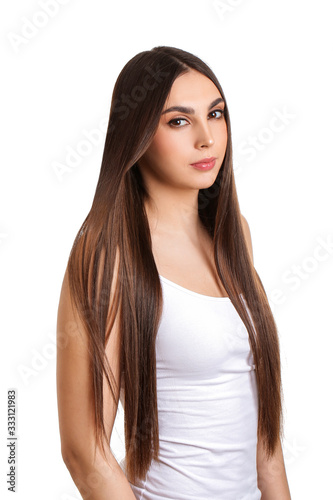 Young woman with beautiful straight hair on white background