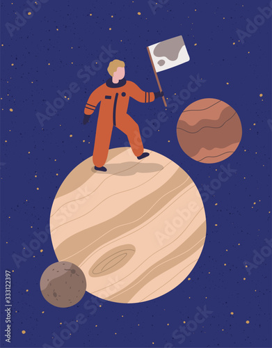 Cartoon astronaut stand on planet hold flag vector graphic illustration