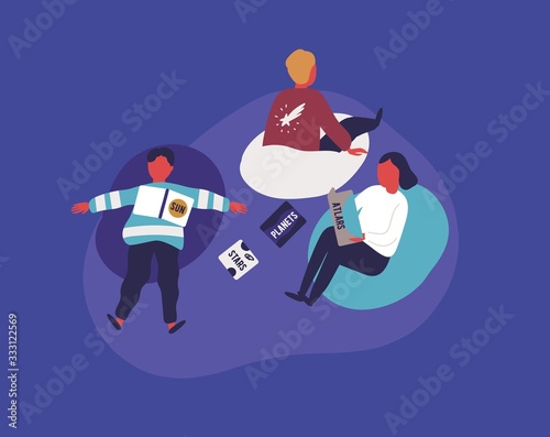 Group of cartoon child relaxing after visited planetarium vector flat illustration. Three kid lying and sitting at comfortable armchair holding book isolated on purple background