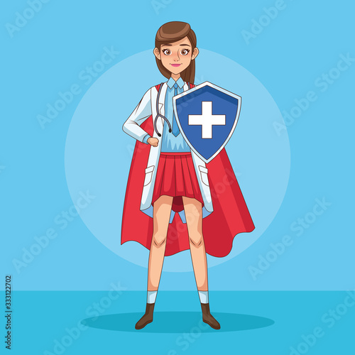 super female doctor with shield and cloak vs covid19