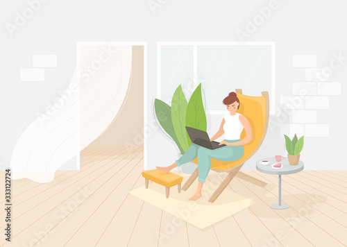 A freelancer is sitting on an outdoor terrace with a laptop in a sun lounger. Remote work in the fresh air concept. Convenient workplace. Character design. Colorful vector illustration.