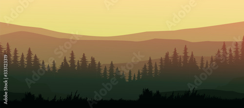 Nature forest Natural Pine forest mountains horizon. Landscape wallpaper. Sunrise and sunset. Illustration vector style colorful view background.