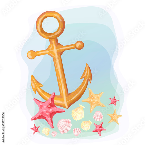 Anchor at the bottom of the sea. Seashells and starfish at the bottom of the sea. Underwater world. Watercolor Greeting Card. Isolated vector illustration on a white background.