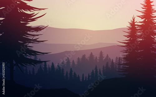 Nature forest Natural Pine forest mountains horizon. Landscape wallpaper. Sunrise and sunset. Illustration vector style colorful view background. © Chakkree