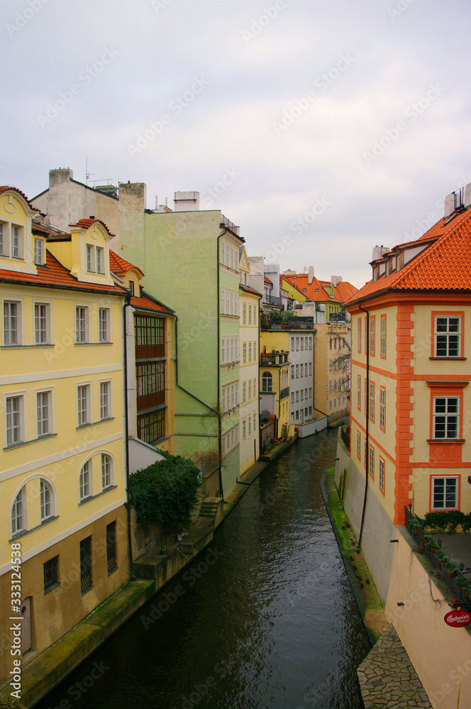 View of channel river ,Prague city Czech republic, colorful houses.