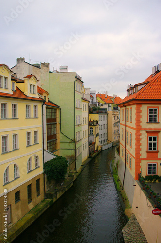 View of channel river ,Prague city Czech republic, colorful houses.