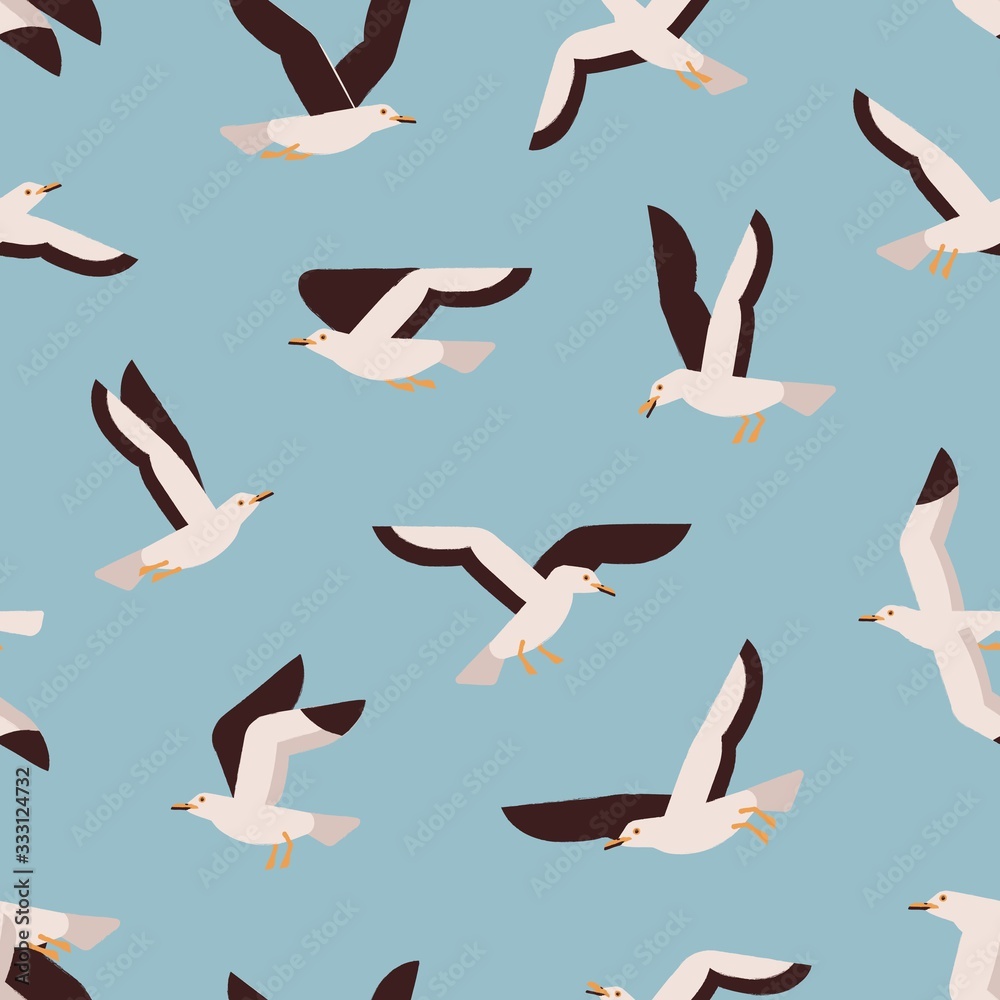 Fototapeta Cartoon colorful flight marine bird seamless pattern. Atlantic seabird creature enjoying freedom on blue background. Flying seagull vector flat illustration. Polar north natural wildlife