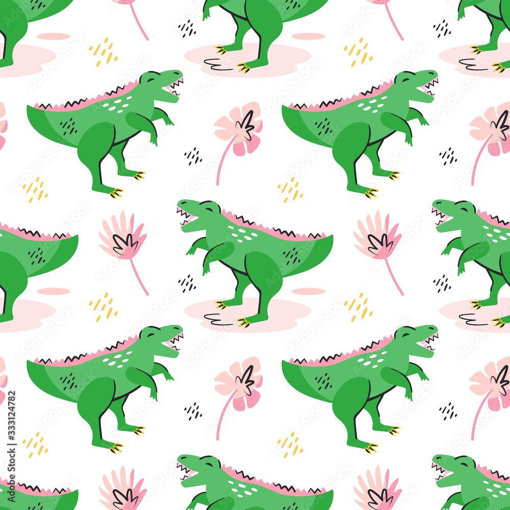 Fototapeta premium Green dinosaurs cute flat hand drawn cartoon vector seamless pattern, background, texture, wallpaper. Prehistoric elements. Ancient animals. Colorful design. Isolated on white background. 