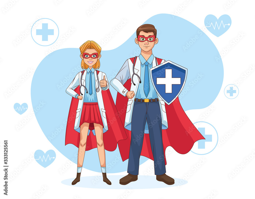 super doctors couple with hero cloak and shield vs covid19 super doctors couple with hero cloak and shield vs covid19