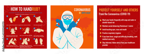 Set of Coronavirus COVID-19 outbreak concept. Protect yourself and others From the Coronavirus (COVID 19). An asian women in a protective suit and mask holds an injection syringe and vaccine. 