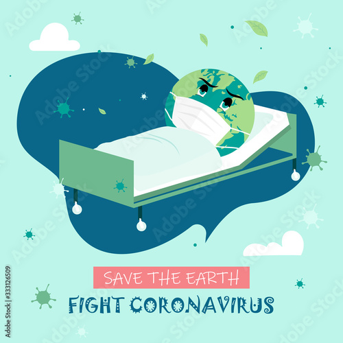 Save the World - Fight Coronavirus. Sick Planet Wearing a Surgical Mask Lying on Hospital Bed by Covid-19 Virus Disease. Earth Day Concept. Flat Vector Illustration