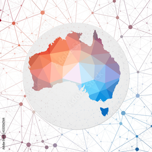 Abstract vector map of Australia. Technology in the country geometric style poster. Polygonal Australia map on 3D triangular mesh background. EPS10 Vector.