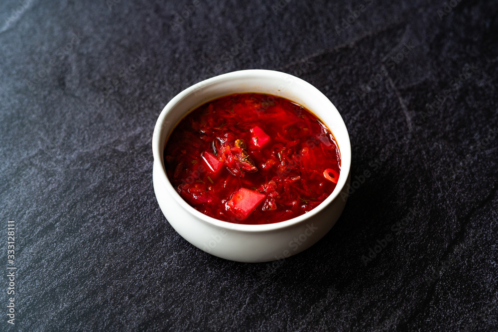 Traditional Russian Borscht Soup with Beetroot usually served with Sour Cream, Cheese or Yogurt / Borsch Beet. Traditional Russian Borscht Soup with Beetroot usually served with Sour Cream, Cheese or Yogurt / Borsch Beet.