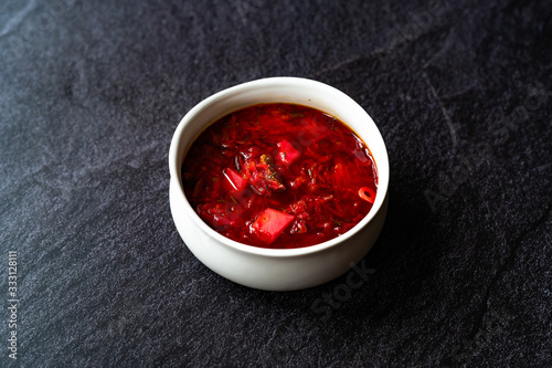 Traditional Russian Borscht Soup with Beetroot usually served with Sour Cream, Cheese or Yogurt / Borsch Beet.