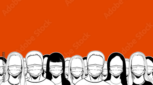 People men and women with Surgical, Medical Mask on their faces. Air pollution, influenza epidemic of a deadly strain, Coronavirus, virus protection illustration. Crowd in a row Vector sketch