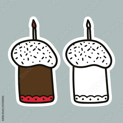 Set of bright vector Easter cakes. Easter cakes stickers. Doodle vector illustration. Outline cakes for posters, greeting cards, stickers.