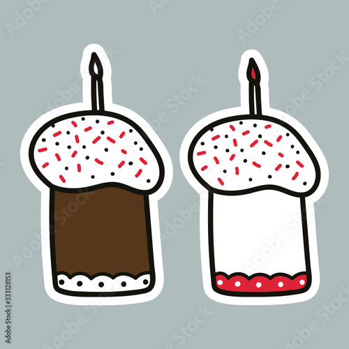 Set of bright vector Easter cakes. Easter cakes stickers. Doodle vector illustration. Outline cakes for posters, greeting cards, stickers.