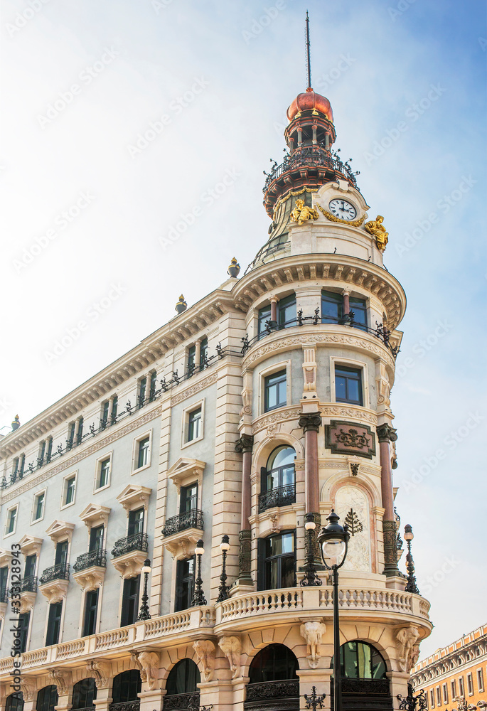 Madrid, Spain, The Building of Spanish Credit Bank.  The building also known as the Palace of justice was built in 1887-1891 in an eclectic style. On the facade stand out the heads of the elephants th