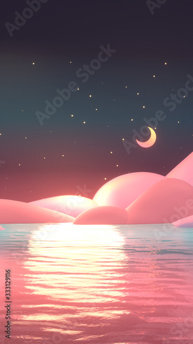 Plakat Cartoon peaceful ocean scene with yellow crescent moon in the sky. 3d rendering picture. (Vertical)
