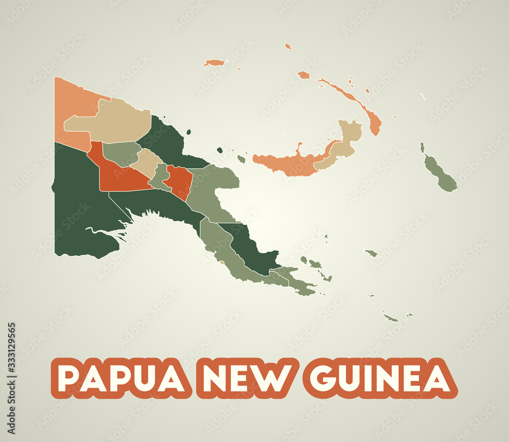 Papua New Guinea poster in retro style. Map of the country with regions ...