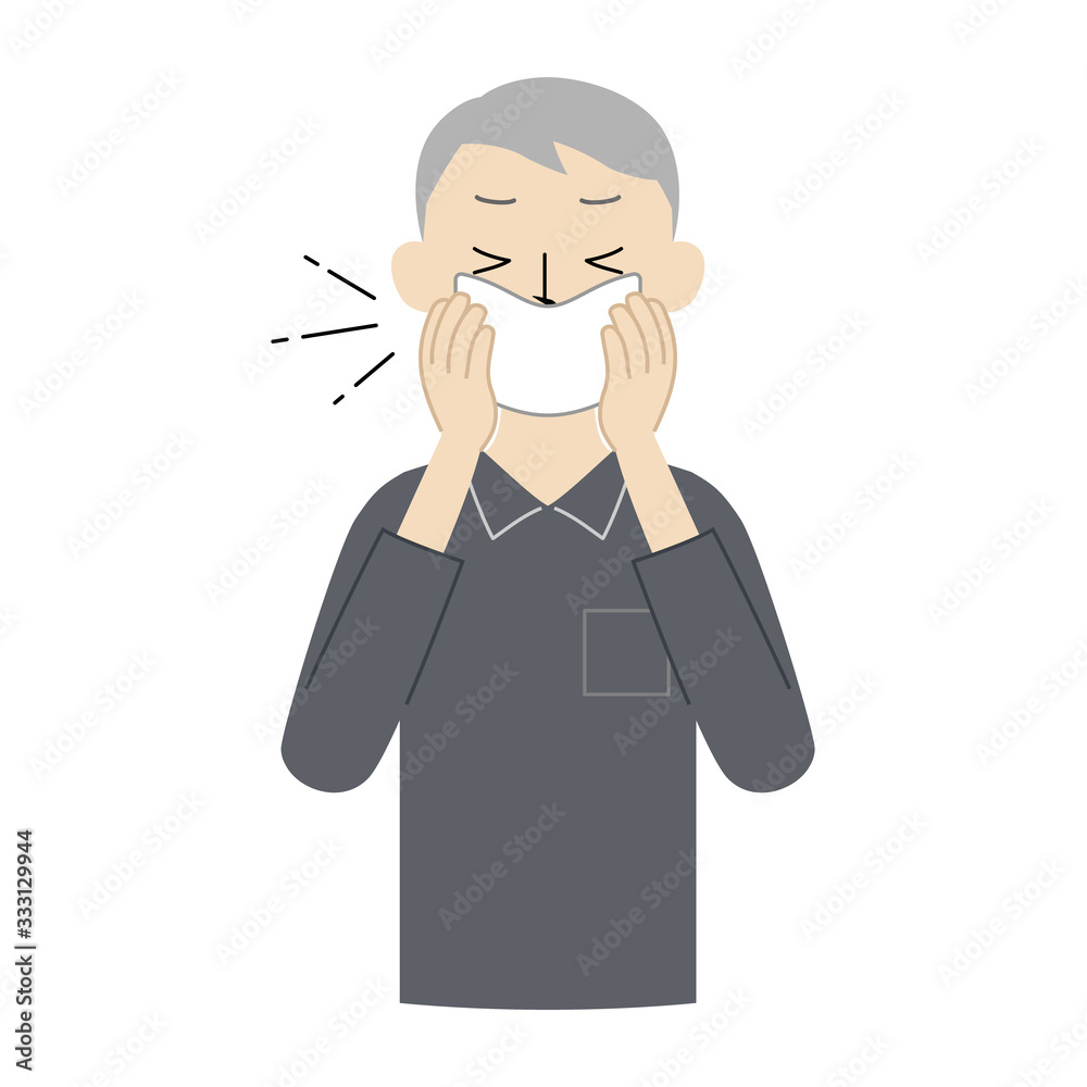Illustration of a senior man covering his mouth and nose with a handkerchief when coughing or sneezing Illustration of a senior man covering his mouth and nose with a handkerchief when coughing or sneezing