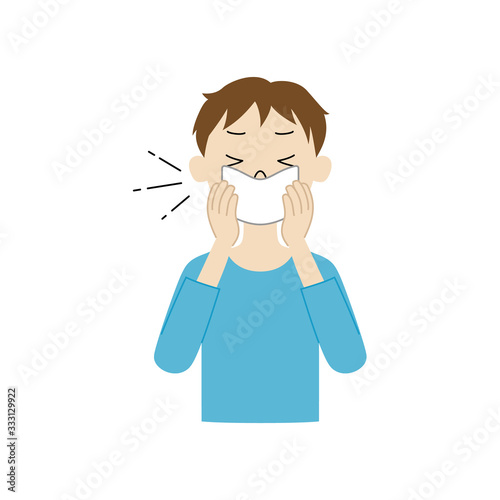 Illustration of a boy covering his mouth and nose with a handkerchief when coughing or sneezing