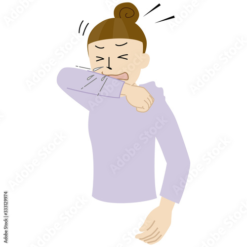 Illustration of a woman covering her mouth and nose with a sleeve when coughing or sneezing