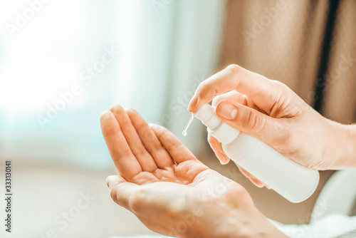 Washing hands rubbing with alcohol gel or antibacterial soap for corona virus prevention, hygiene to stop spreading coronavirus.