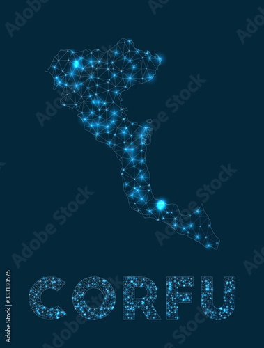 Corfu network map. Abstract geometric map of the island. Internet connections and telecommunication design. Captivating vector illustration.
